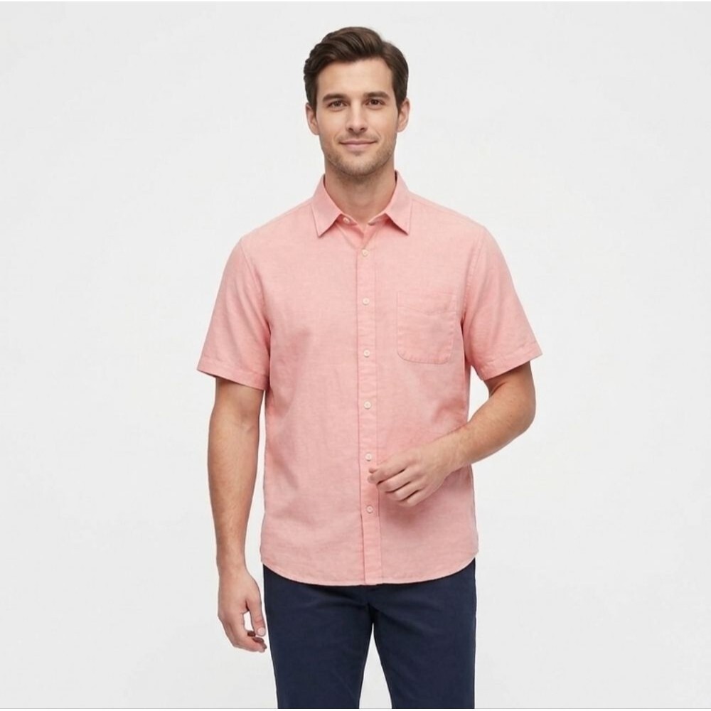 ​Uniqlo Men's XL Short Sleeve Linen-Blend Button-Down Shirt Salmon Coral Pink
